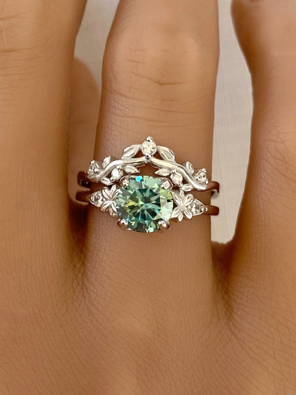 Sterling Silver Round Green Blue Moissanite Diamond Floral Leaf Band 2pc Rings